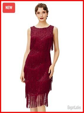 Flapper Fringe Sequin Dress 1920s Gatsby Fitted Sleeveless Midi Party Prom